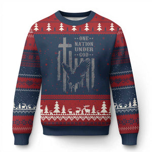 One Nation Under God Ugly Christmas Sweater American Flag Bald Eagle 4th Of July Patriotic Christian TS10 Navy Red Print Your Wear