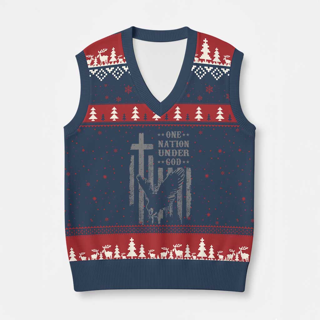 One Nation Under God V-Neck Knit Sweater Vest American Flag Bald Eagle 4th Of July Patriotic Christian TS10 Navy Red Print Your Wear