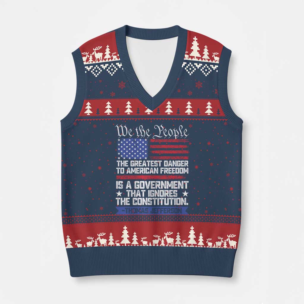 Thomas Jefferson V-Neck Knit Sweater Vest The Greatest Danger To Freedom Patriotic USA Flag TS10 Navy Red Print Your Wear