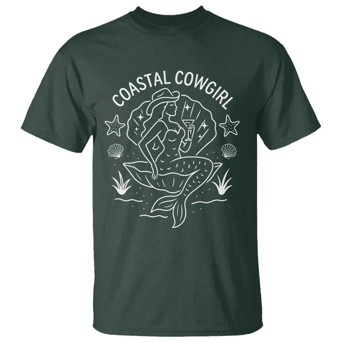 Coastal Cowgirl T Shirt Mermaid Rodeo Western Beach TS10 Dark Forest Green Print Your Wear