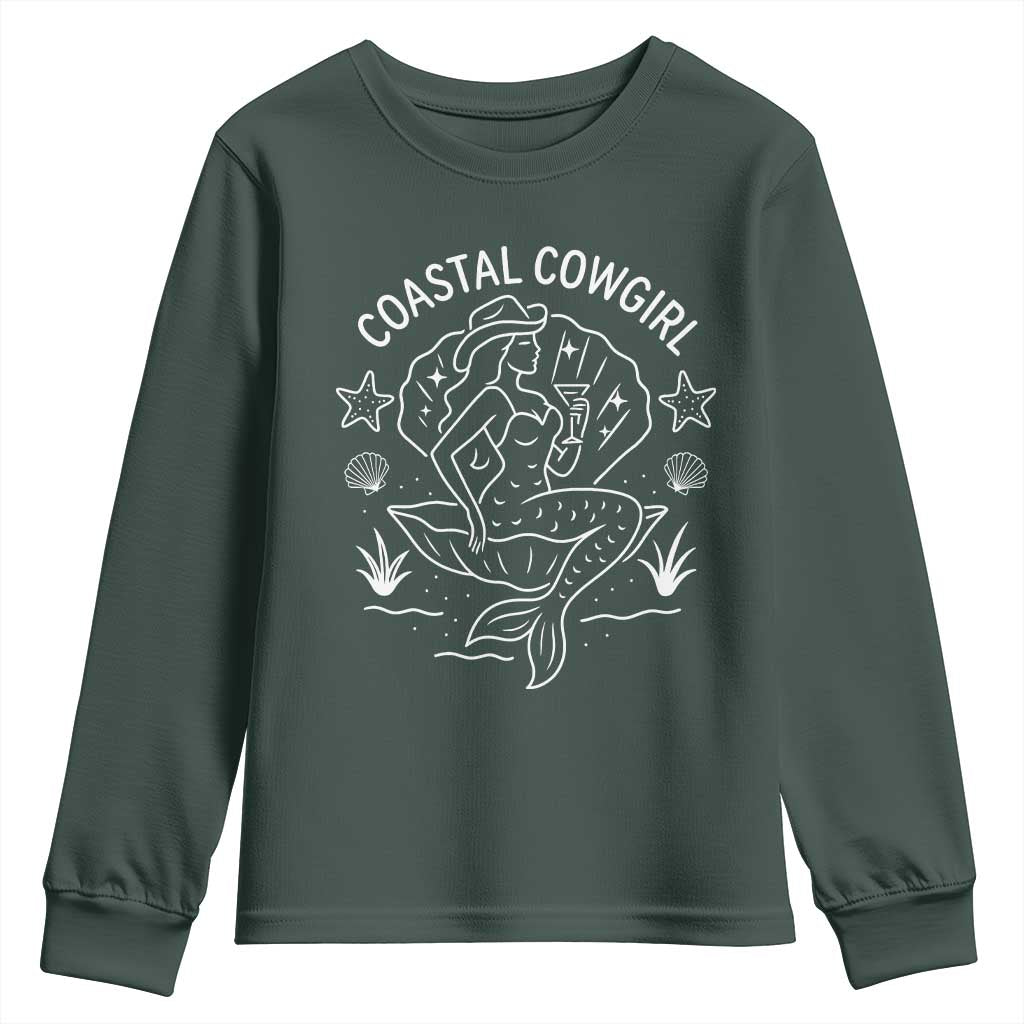 Coastal Cowgirl Youth Sweatshirt Mermaid Rodeo Western Beach TS10 Dark Forest Green Print Your Wear