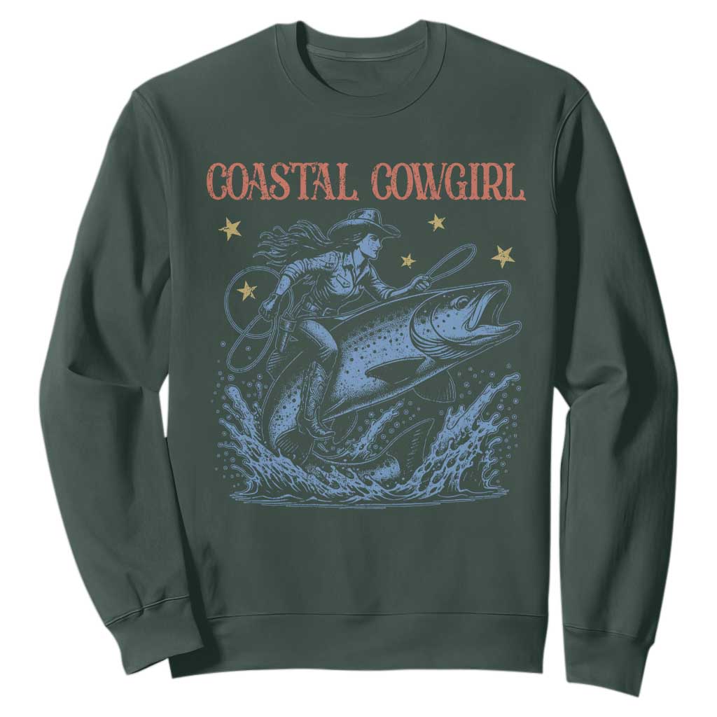 Coastal Cowgirl Sweatshirt Funny Western Country Rodeo Cowgirl Fishing TS10 Dark Forest Green Print Your Wear