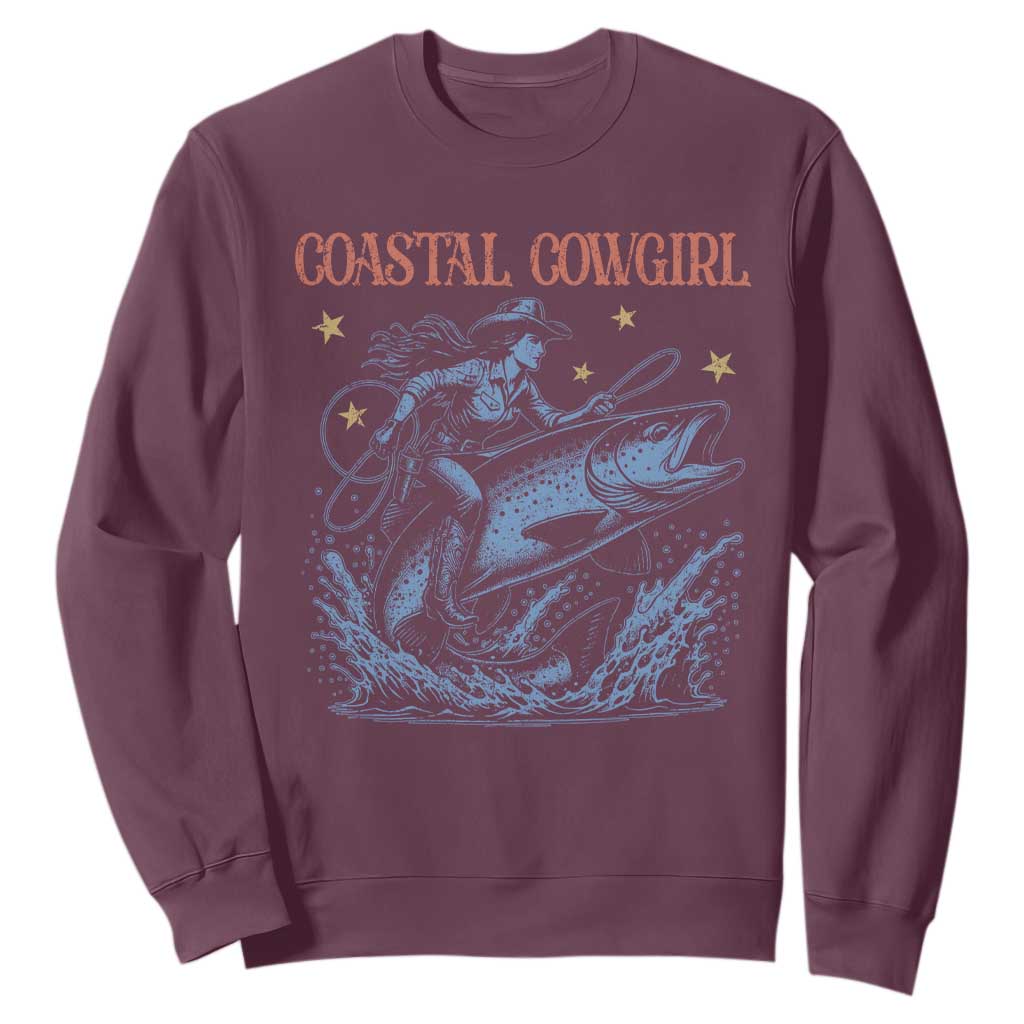 Coastal Cowgirl Sweatshirt Funny Western Country Rodeo Cowgirl Fishing TS10 Maroon Print Your Wear