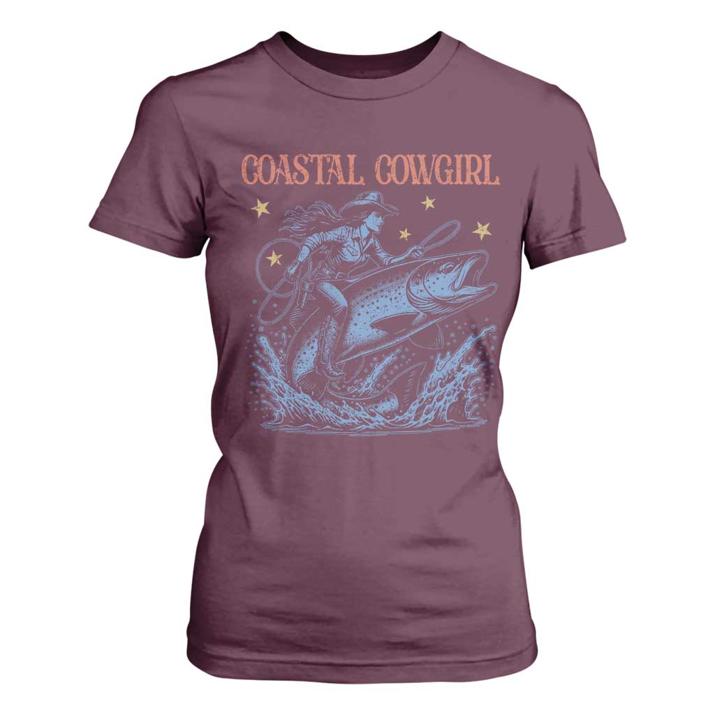 Coastal Cowgirl T Shirt For Women Funny Western Country Rodeo Cowgirl Fishing TS10 Maroon Print Your Wear