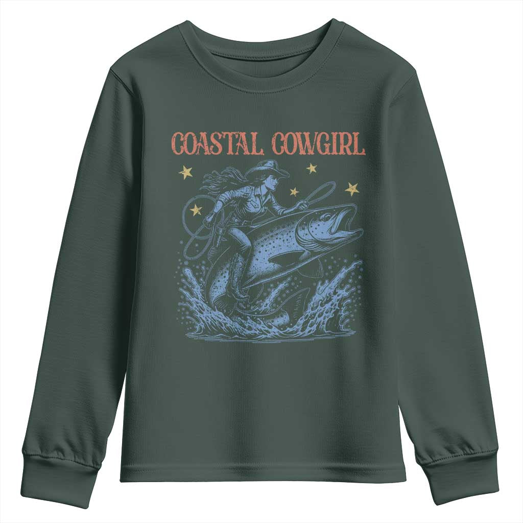 Coastal Cowgirl Youth Sweatshirt Funny Western Country Rodeo Cowgirl Fishing TS10 Dark Forest Green Print Your Wear