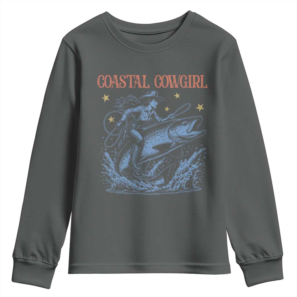 Coastal Cowgirl Youth Sweatshirt Funny Western Country Rodeo Cowgirl Fishing TS10 Dark Heather Print Your Wear