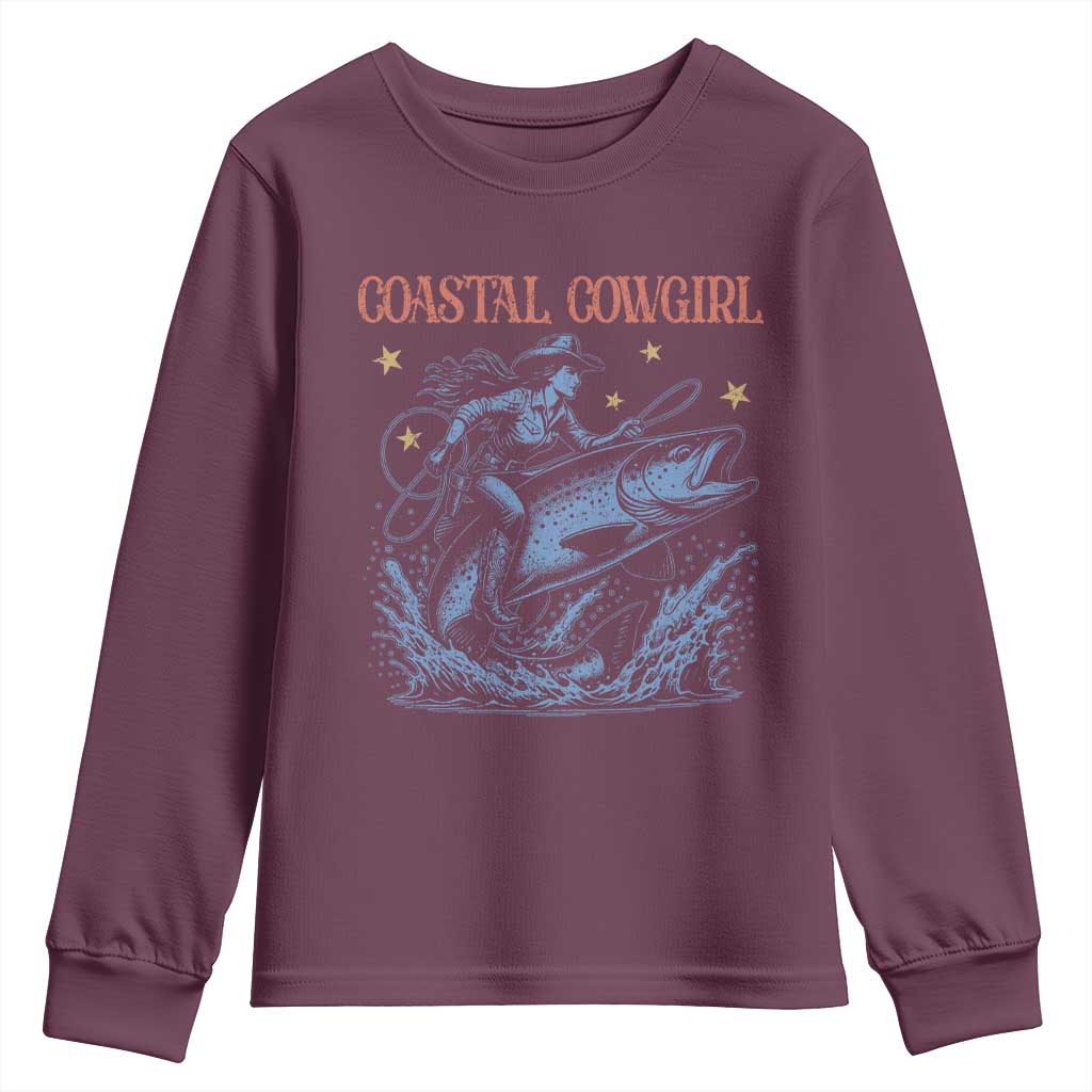 Coastal Cowgirl Youth Sweatshirt Funny Western Country Rodeo Cowgirl Fishing TS10 Maroon Print Your Wear
