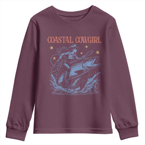 Coastal Cowgirl Youth Sweatshirt Funny Western Country Rodeo Cowgirl Fishing TS10 Maroon Print Your Wear