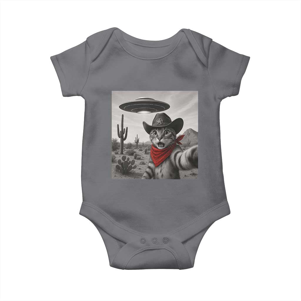 Vintage UFO Cowboy Cat Baby Onesie Retro 90s Western Rodeo Kitten Cat Selfie With Alien UFO TS10 Charcoal Print Your Wear