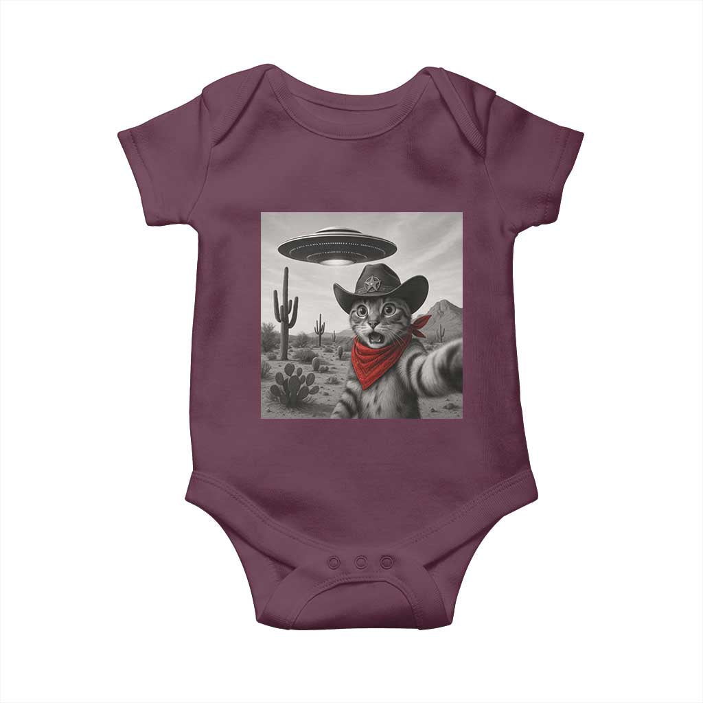 Vintage UFO Cowboy Cat Baby Onesie Retro 90s Western Rodeo Kitten Cat Selfie With Alien UFO TS10 Maroon Print Your Wear