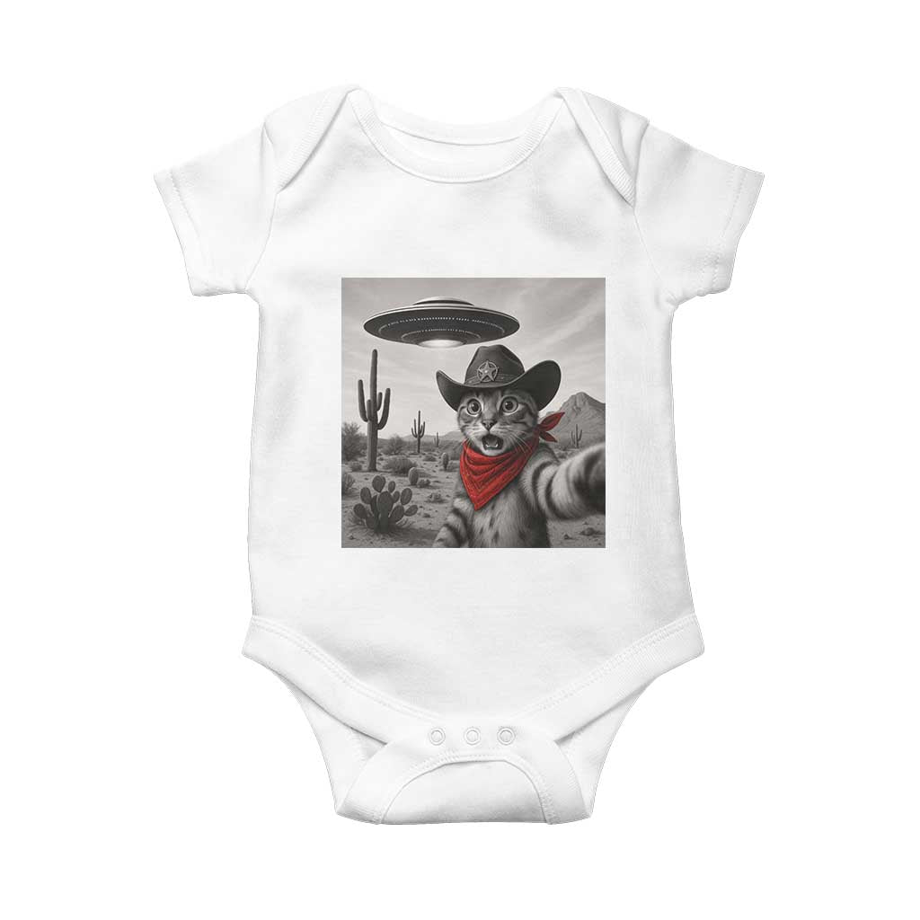 Vintage UFO Cowboy Cat Baby Onesie Retro 90s Western Rodeo Kitten Cat Selfie With Alien UFO TS10 White Print Your Wear