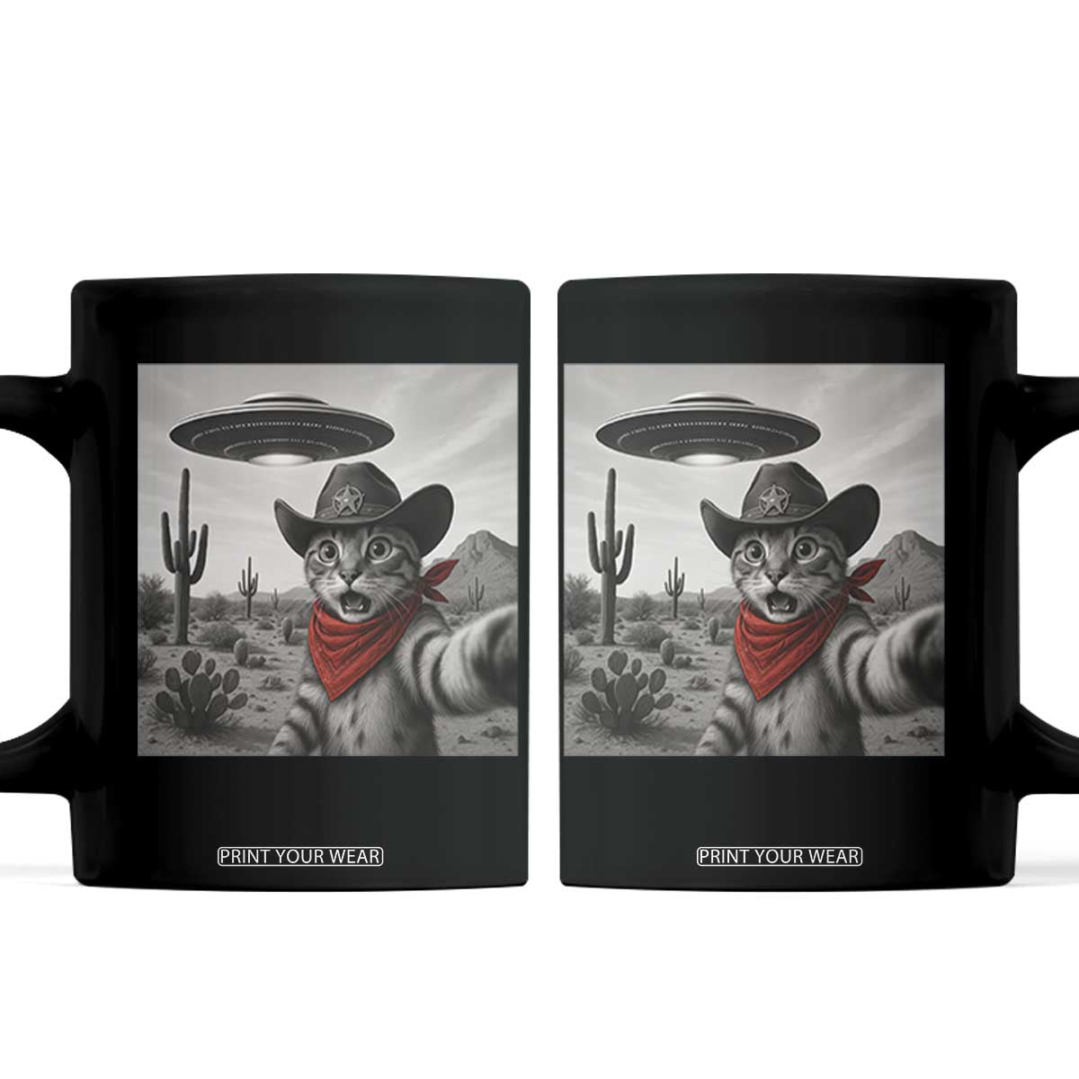 Vintage UFO Cowboy Cat Coffee Mug Retro 90s Western Rodeo Kitten Cat Selfie With Alien UFO TS10 Black Print Your Wear