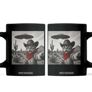 Vintage UFO Cowboy Cat Coffee Mug Retro 90s Western Rodeo Kitten Cat Selfie With Alien UFO TS10 Black Print Your Wear