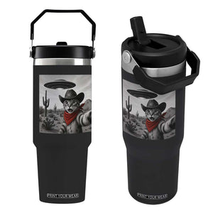 Vintage UFO Cowboy Cat Flip Straw Tumbler Retro 90s Western Rodeo Kitten Cat Selfie With Alien UFO TS10 One Size: 30 oz Black Print Your Wear