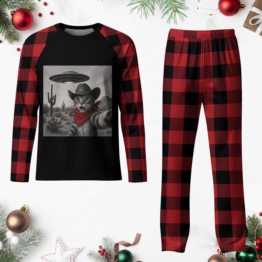 Vintage UFO Cowboy Cat Plaid Pajama Set Retro 90s Western Rodeo Kitten Cat Selfie With Alien UFO TS10 Buffalo Plaid Print Your Wear