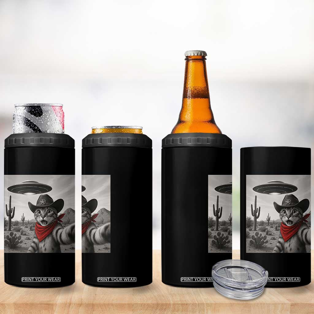 Vintage UFO Cowboy Cat 4 in 1 Can Cooler Tumbler Retro 90s Western Rodeo Kitten Cat Selfie With Alien UFO TS10 Print Your Wear