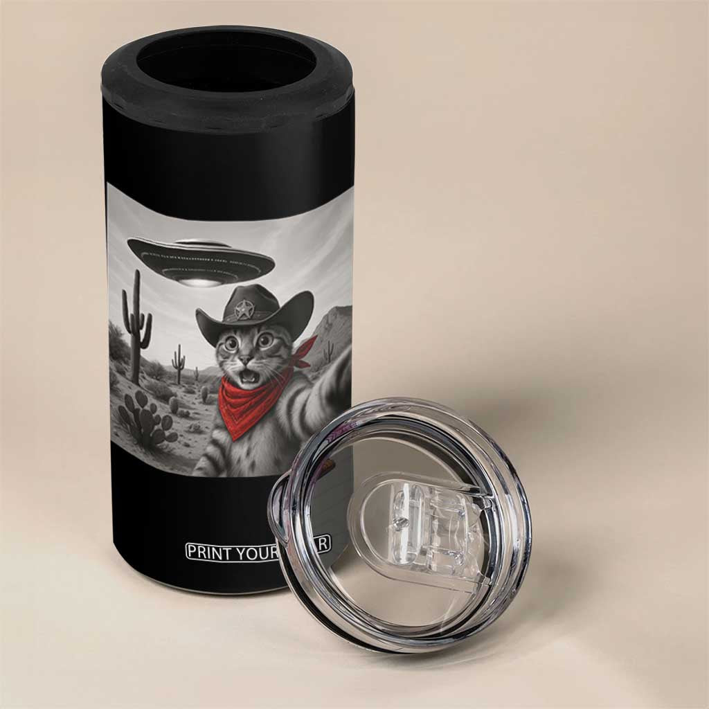 Vintage UFO Cowboy Cat 4 in 1 Can Cooler Tumbler Retro 90s Western Rodeo Kitten Cat Selfie With Alien UFO TS10 Print Your Wear