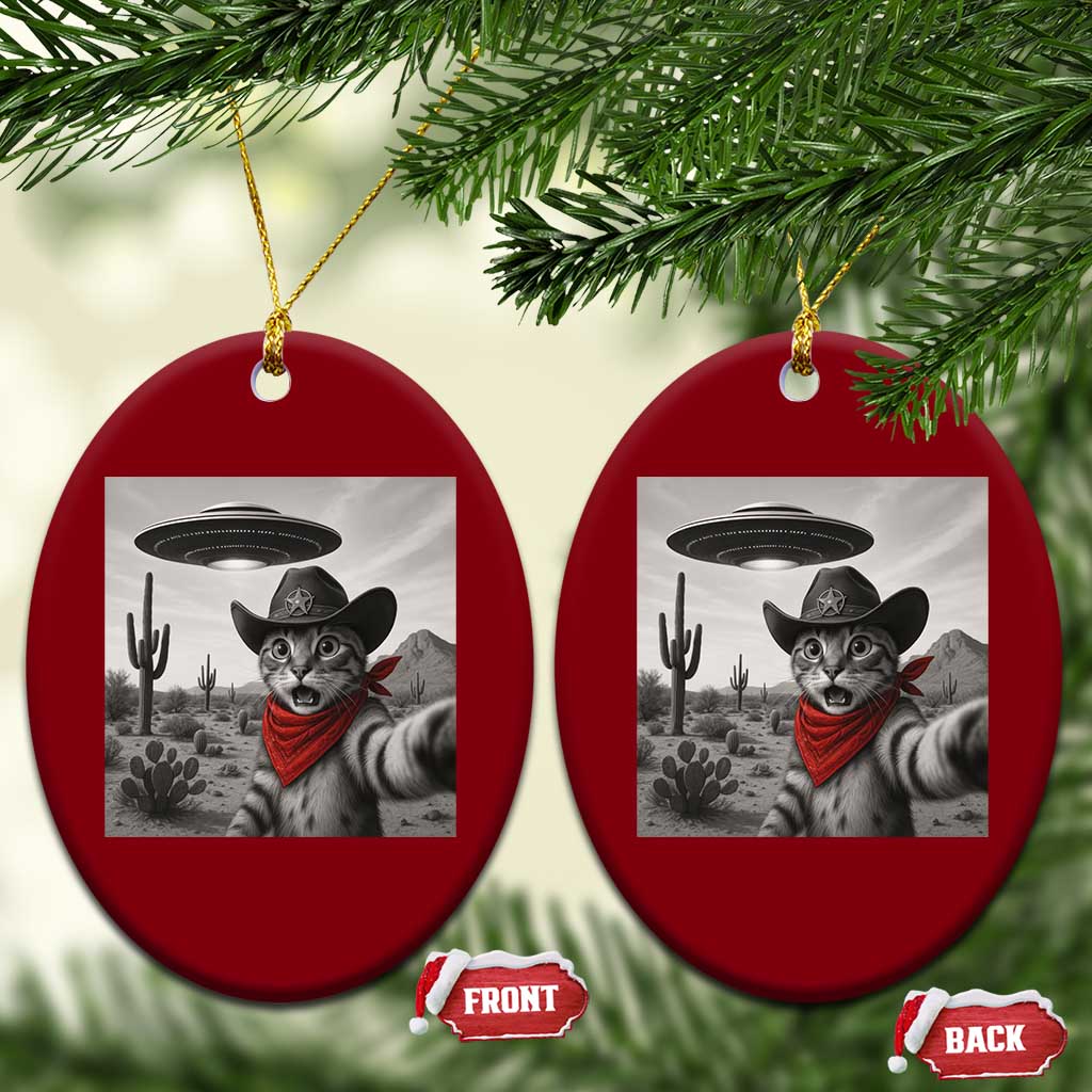 Vintage UFO Cowboy Cat Ceramic Ornament Retro 90s Western Rodeo Kitten Cat Selfie With Alien UFO TS10 Print Your Wear