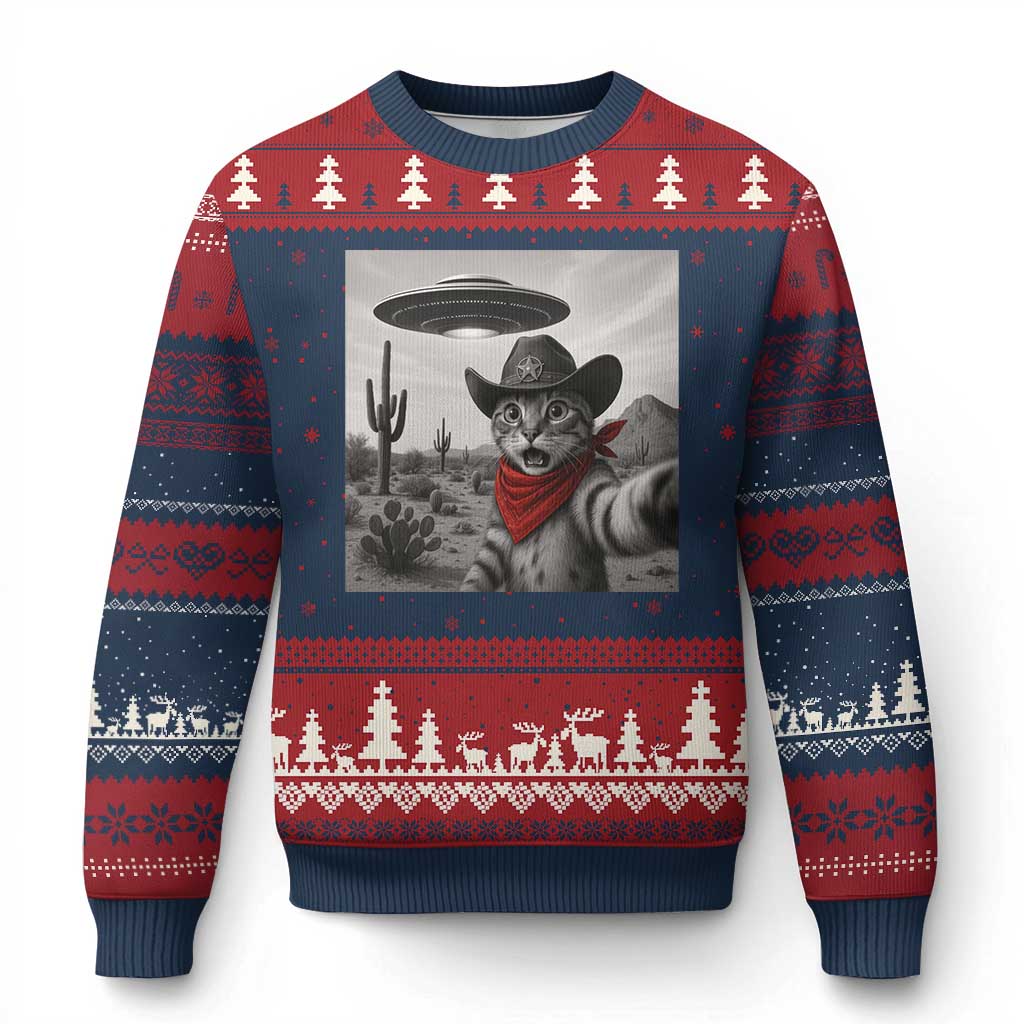 Vintage UFO Cowboy Cat Ugly Christmas Sweater Retro 90s Western Rodeo Kitten Cat Selfie With Alien UFO TS10 Navy Red Print Your Wear