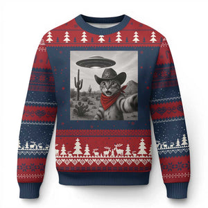 Vintage UFO Cowboy Cat Ugly Christmas Sweater Retro 90s Western Rodeo Kitten Cat Selfie With Alien UFO TS10 Navy Red Print Your Wear