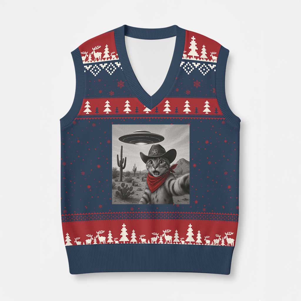 Vintage UFO Cowboy Cat V-Neck Knit Sweater Vest Retro 90s Western Rodeo Kitten Cat Selfie With Alien UFO TS10 Navy Red Print Your Wear