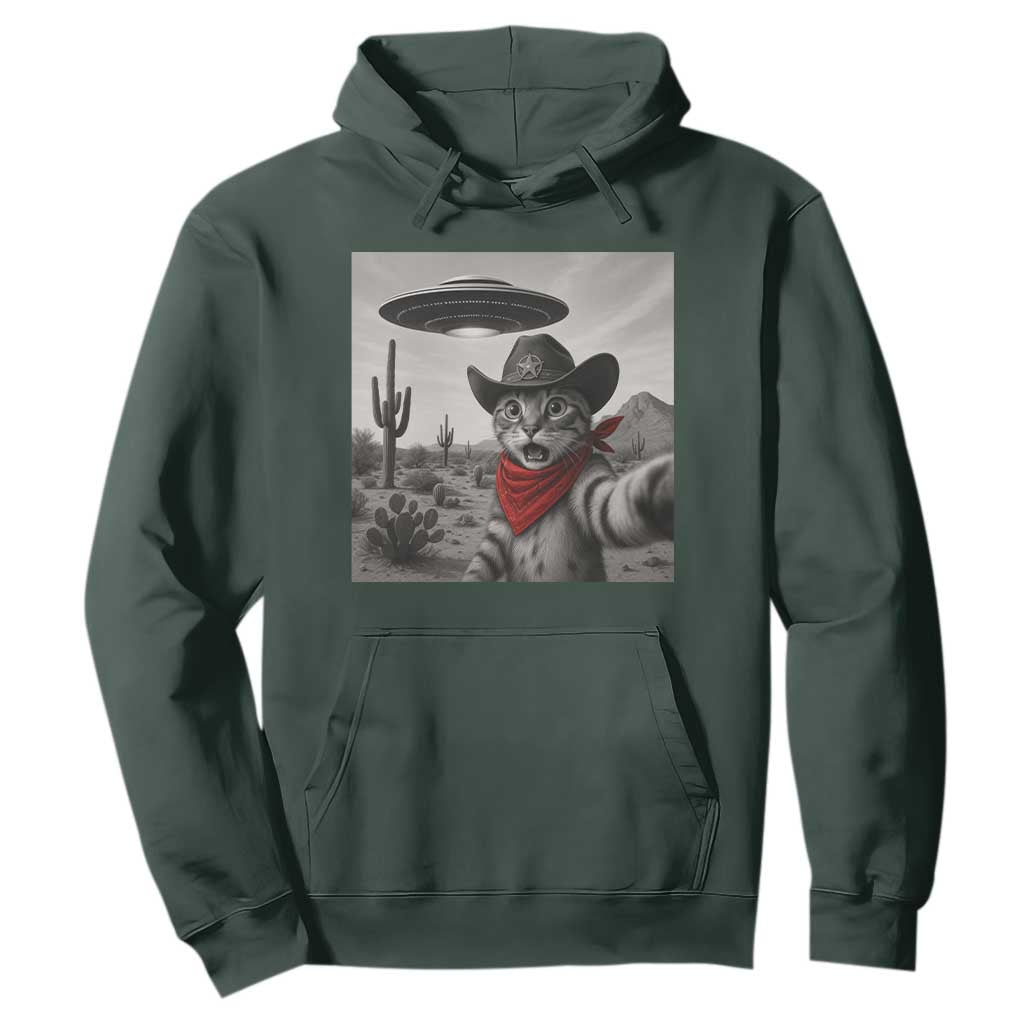 Vintage UFO Cowboy Cat Hoodie Retro 90s Western Rodeo Kitten Cat Selfie With Alien UFO TS10 Dark Forest Green Print Your Wear