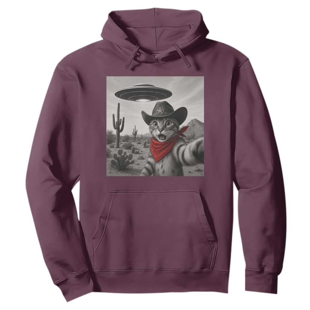 Vintage UFO Cowboy Cat Hoodie Retro 90s Western Rodeo Kitten Cat Selfie With Alien UFO TS10 Maroon Print Your Wear
