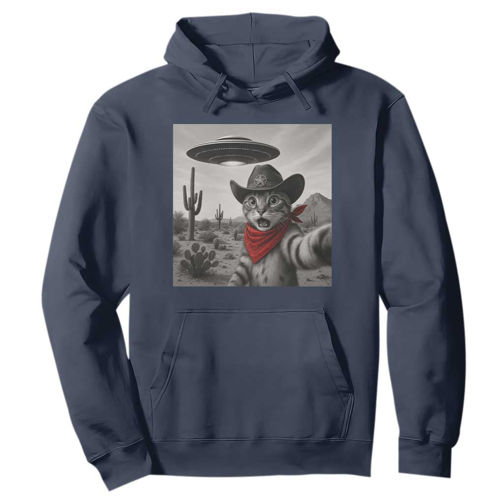 Vintage UFO Cowboy Cat Hoodie Retro 90s Western Rodeo Kitten Cat Selfie With Alien UFO TS10 Navy Print Your Wear