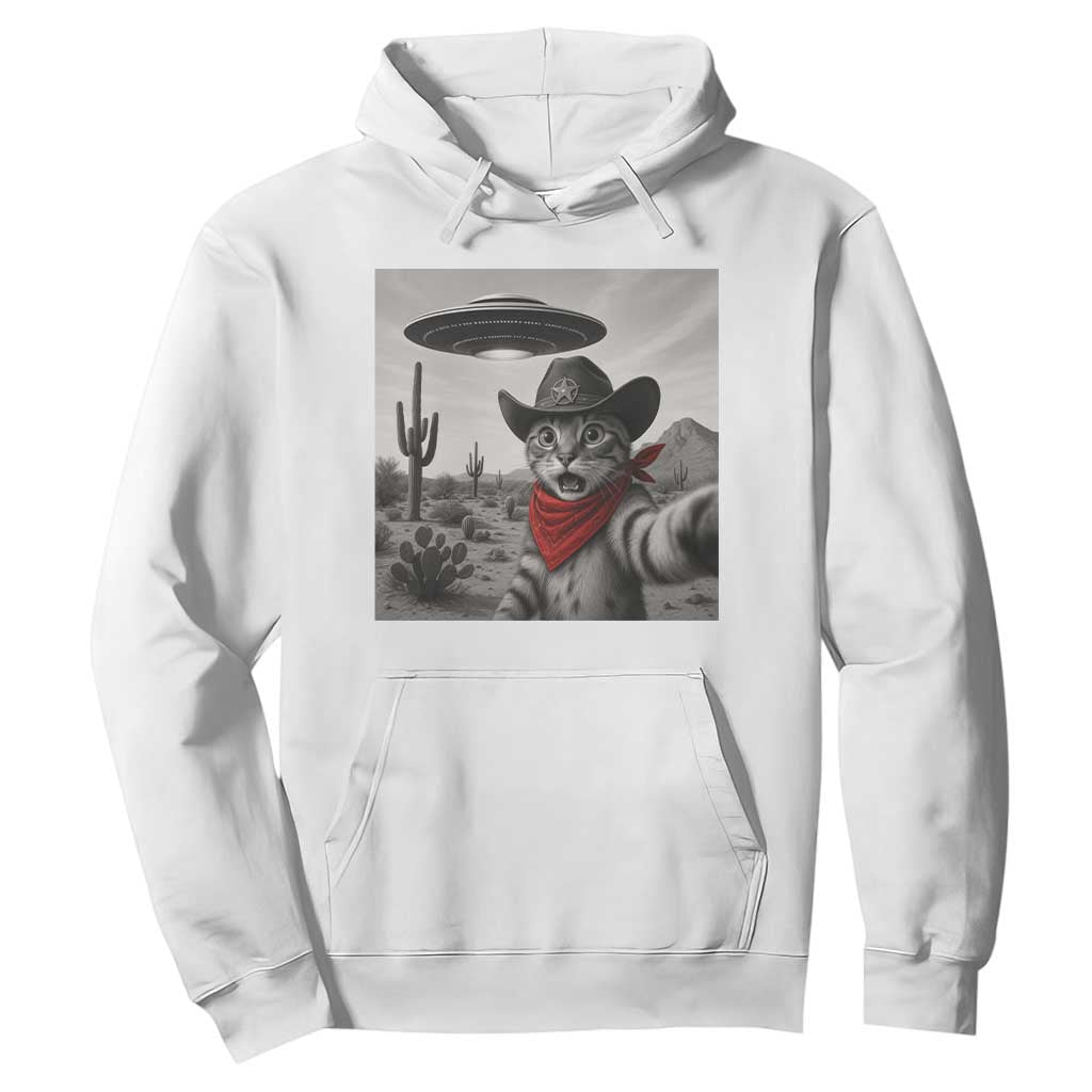 Vintage UFO Cowboy Cat Hoodie Retro 90s Western Rodeo Kitten Cat Selfie With Alien UFO TS10 White Print Your Wear