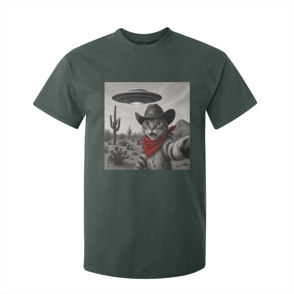 Vintage UFO Cowboy Cat T Shirt For Kid Retro 90s Western Rodeo Kitten Cat Selfie With Alien UFO TS10 Dark Forest Green Print Your Wear