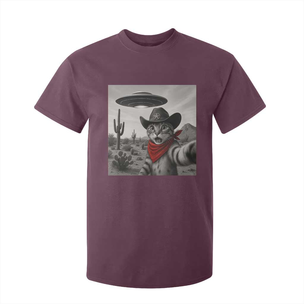 Vintage UFO Cowboy Cat T Shirt For Kid Retro 90s Western Rodeo Kitten Cat Selfie With Alien UFO TS10 Maroon Print Your Wear
