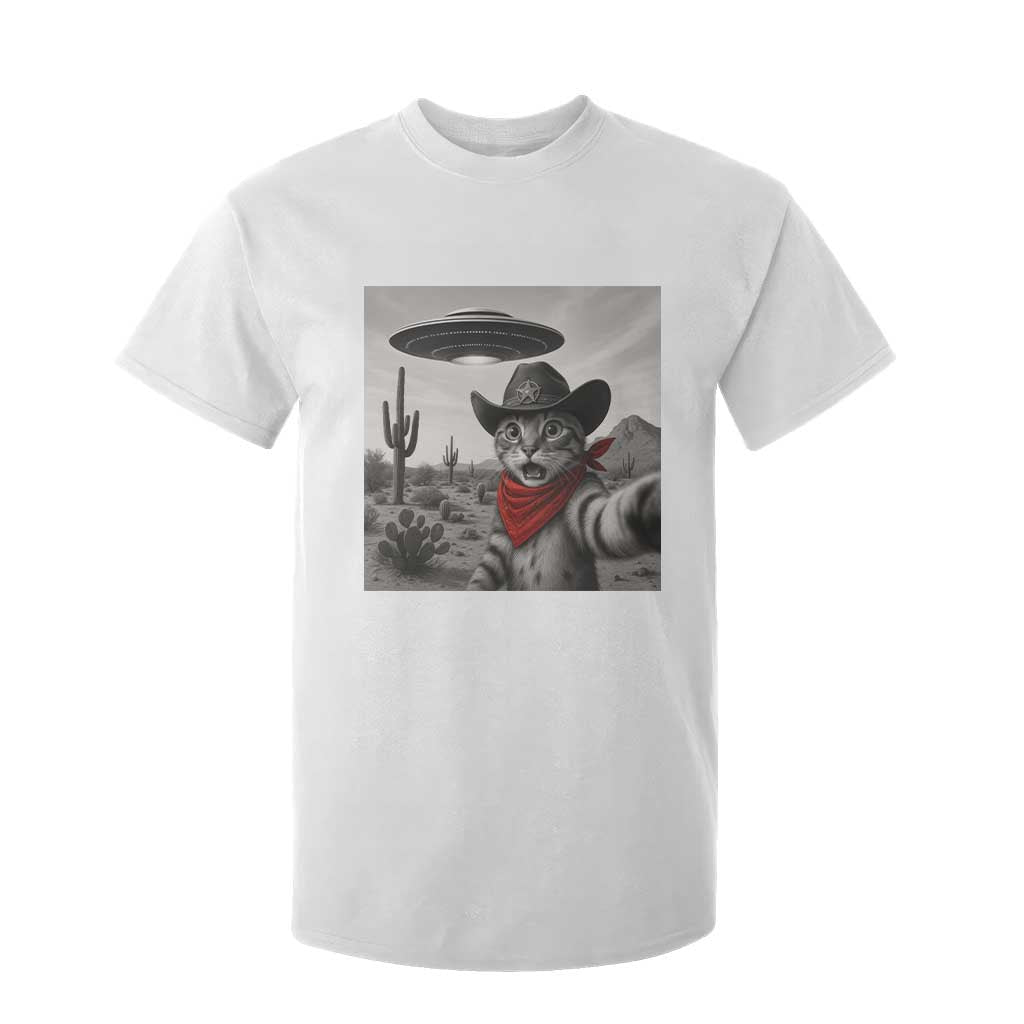 Vintage UFO Cowboy Cat T Shirt For Kid Retro 90s Western Rodeo Kitten Cat Selfie With Alien UFO TS10 White Print Your Wear