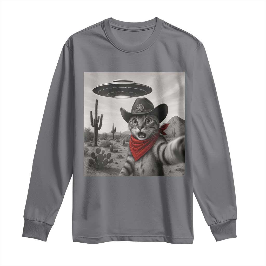 Vintage UFO Cowboy Cat Long Sleeve Shirt Retro 90s Western Rodeo Kitten Cat Selfie With Alien UFO TS10 Charcoal Print Your Wear