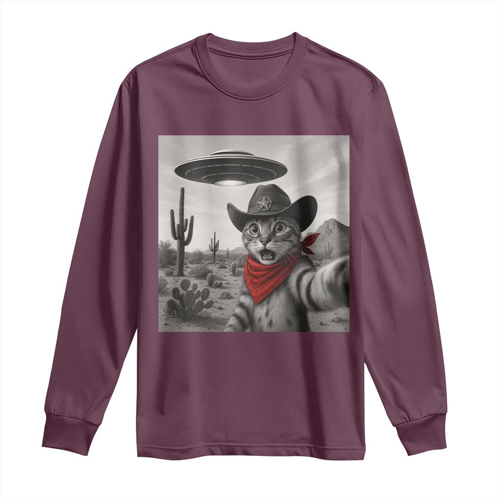 Vintage UFO Cowboy Cat Long Sleeve Shirt Retro 90s Western Rodeo Kitten Cat Selfie With Alien UFO TS10 Maroon Print Your Wear