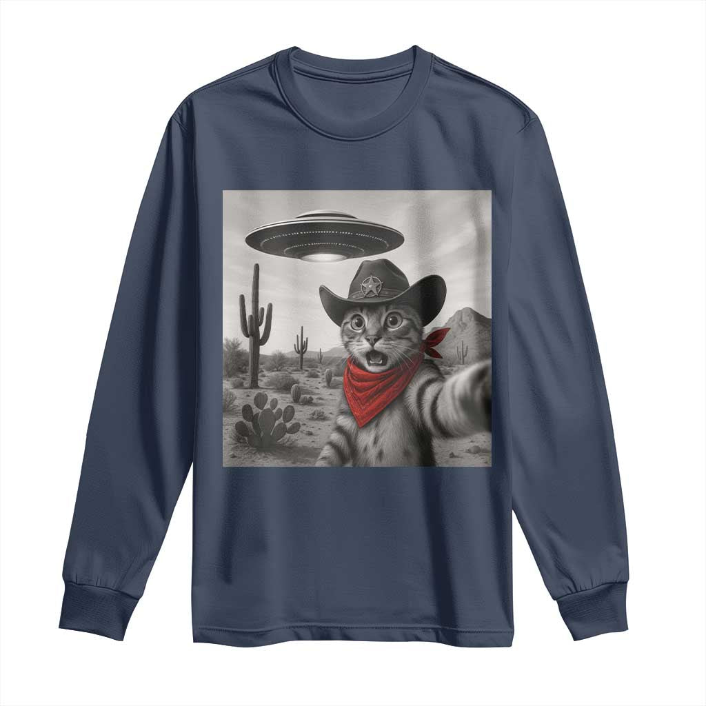 Vintage UFO Cowboy Cat Long Sleeve Shirt Retro 90s Western Rodeo Kitten Cat Selfie With Alien UFO TS10 Navy Print Your Wear