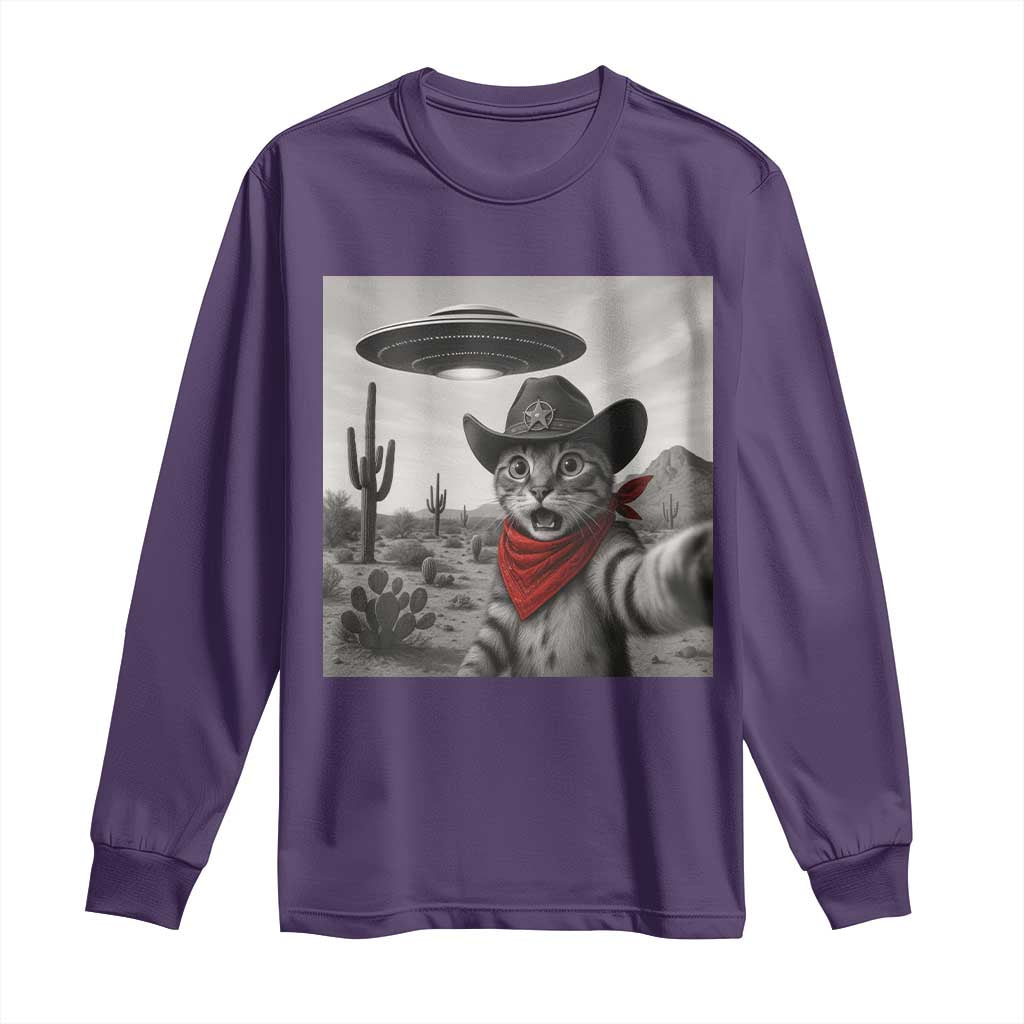 Vintage UFO Cowboy Cat Long Sleeve Shirt Retro 90s Western Rodeo Kitten Cat Selfie With Alien UFO TS10 Purple Print Your Wear