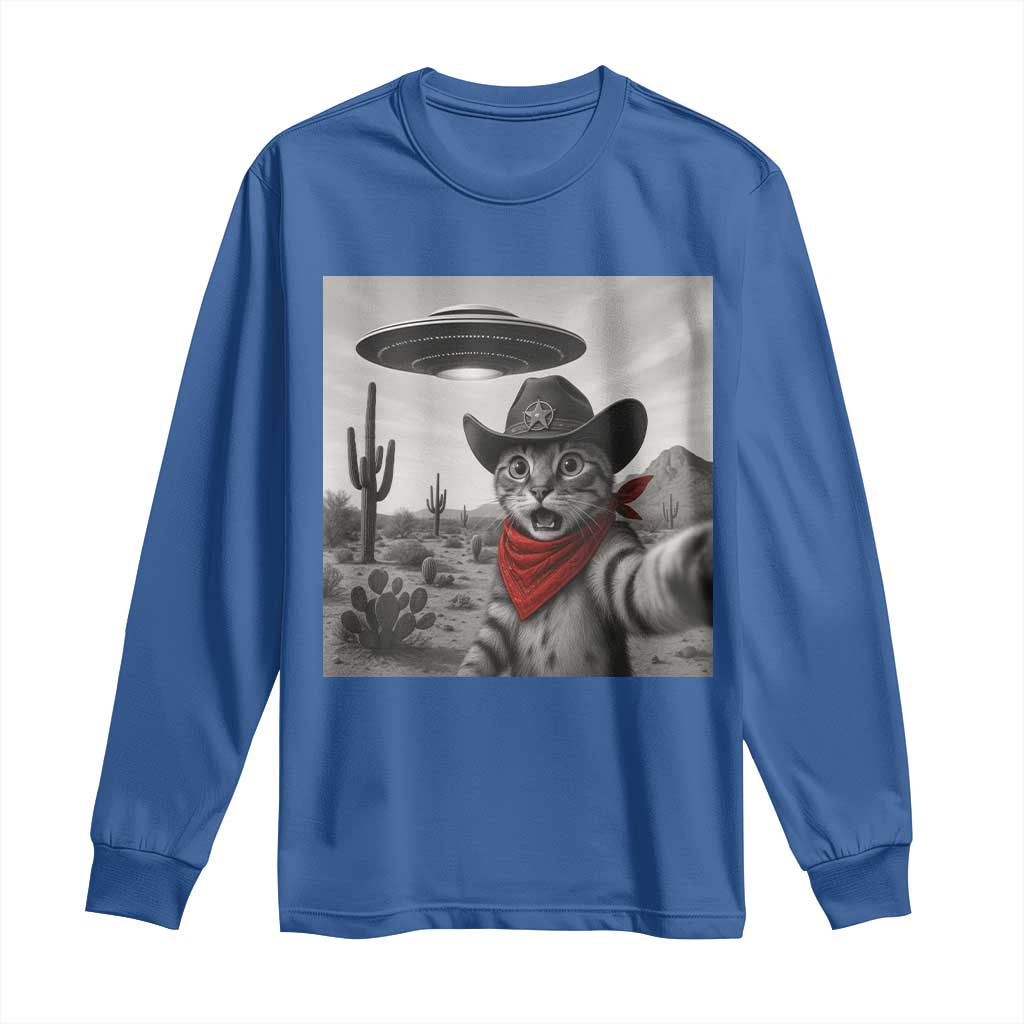 Vintage UFO Cowboy Cat Long Sleeve Shirt Retro 90s Western Rodeo Kitten Cat Selfie With Alien UFO TS10 Royal Blue Print Your Wear