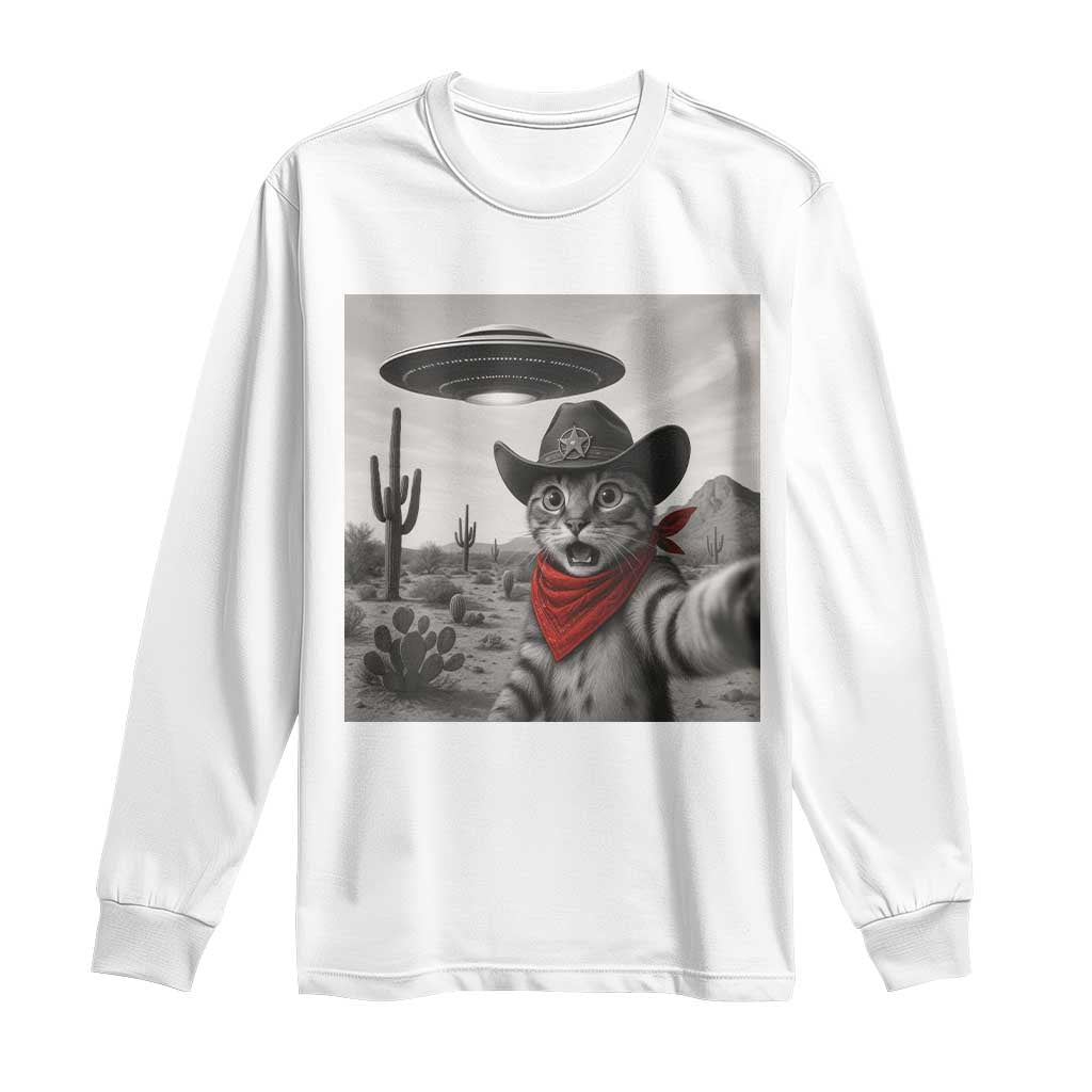 Vintage UFO Cowboy Cat Long Sleeve Shirt Retro 90s Western Rodeo Kitten Cat Selfie With Alien UFO TS10 White Print Your Wear