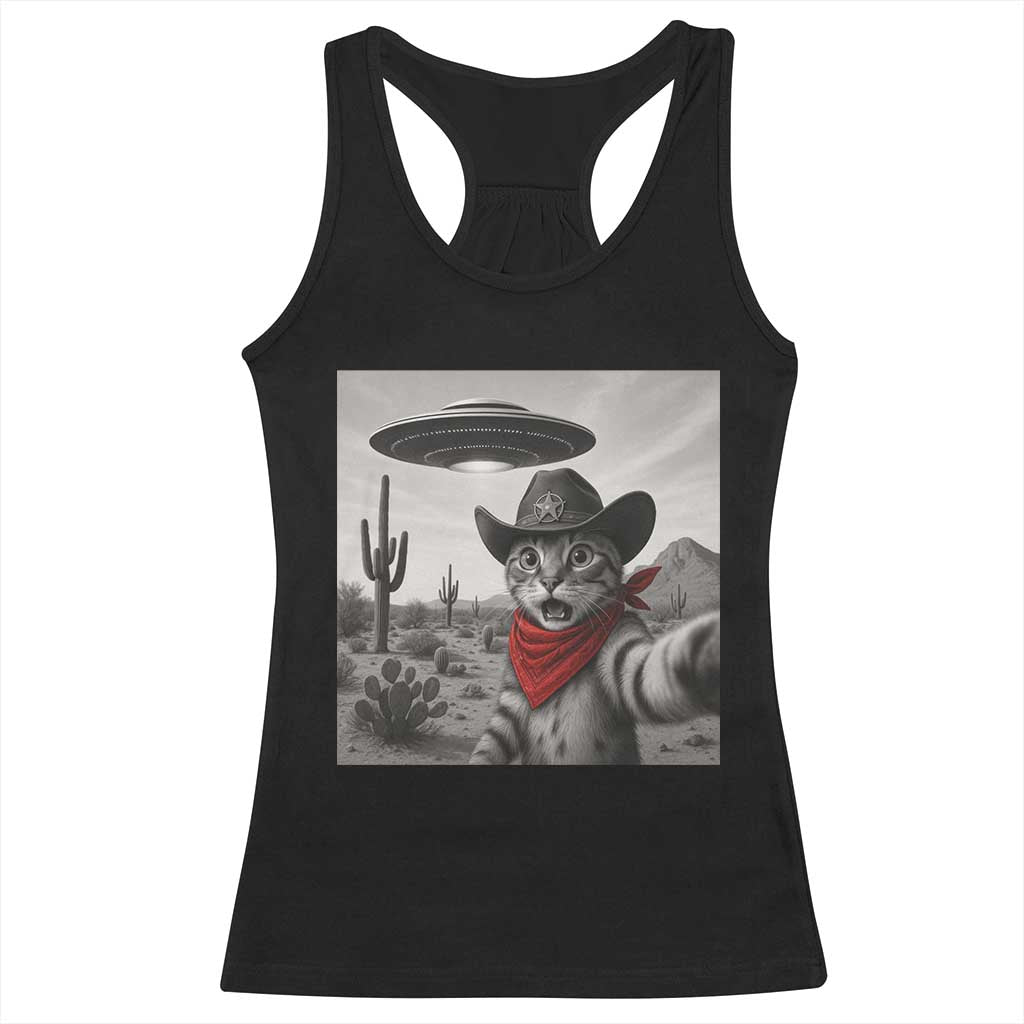 Vintage UFO Cowboy Cat Racerback Tank Top Retro 90s Western Rodeo Kitten Cat Selfie With Alien UFO TS10 Black Print Your Wear