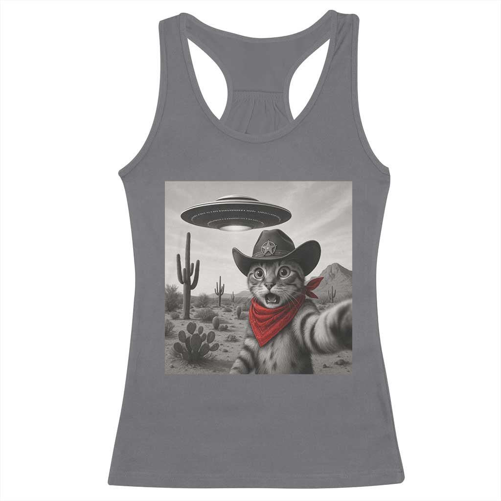 Vintage UFO Cowboy Cat Racerback Tank Top Retro 90s Western Rodeo Kitten Cat Selfie With Alien UFO TS10 Charcoal Print Your Wear