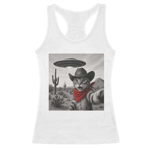 Vintage UFO Cowboy Cat Racerback Tank Top Retro 90s Western Rodeo Kitten Cat Selfie With Alien UFO TS10 White Print Your Wear