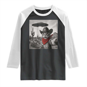 Vintage UFO Cowboy Cat Raglan Shirt Retro 90s Western Rodeo Kitten Cat Selfie With Alien UFO TS10 Black White Print Your Wear