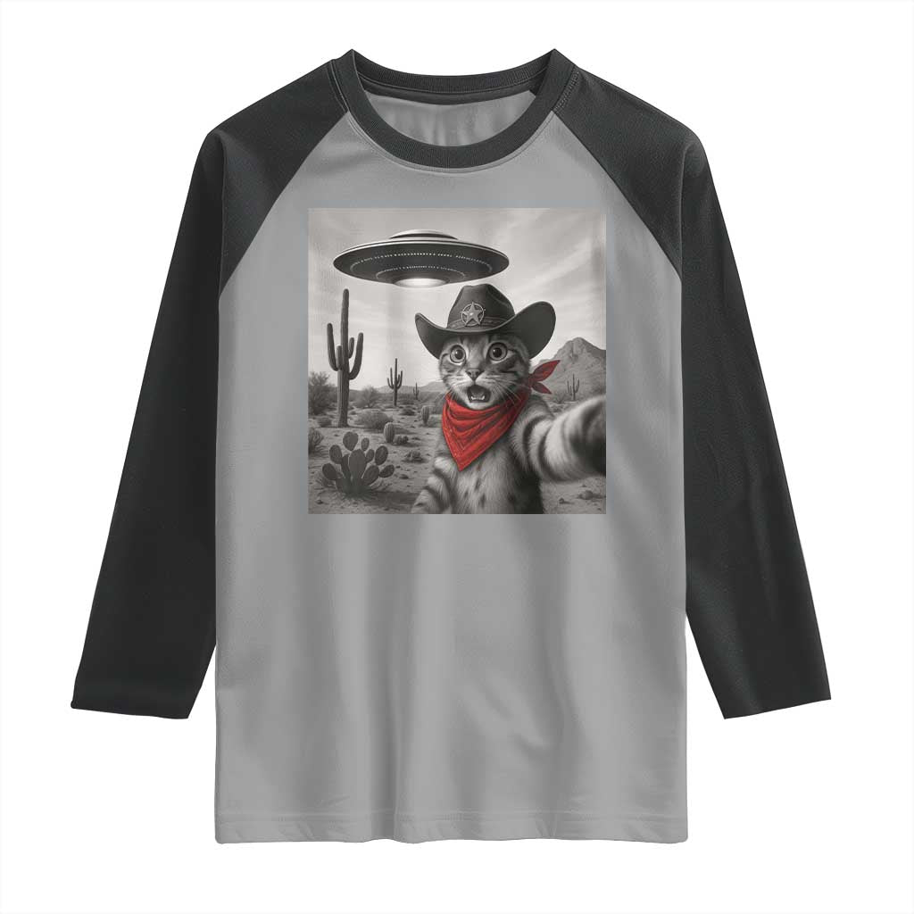 Vintage UFO Cowboy Cat Raglan Shirt Retro 90s Western Rodeo Kitten Cat Selfie With Alien UFO TS10 Sport Gray Black Print Your Wear