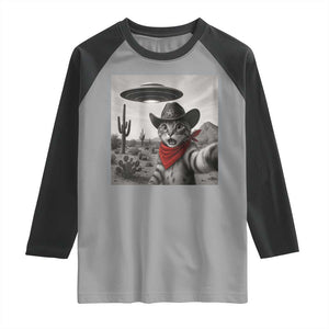 Vintage UFO Cowboy Cat Raglan Shirt Retro 90s Western Rodeo Kitten Cat Selfie With Alien UFO TS10 Sport Gray Black Print Your Wear