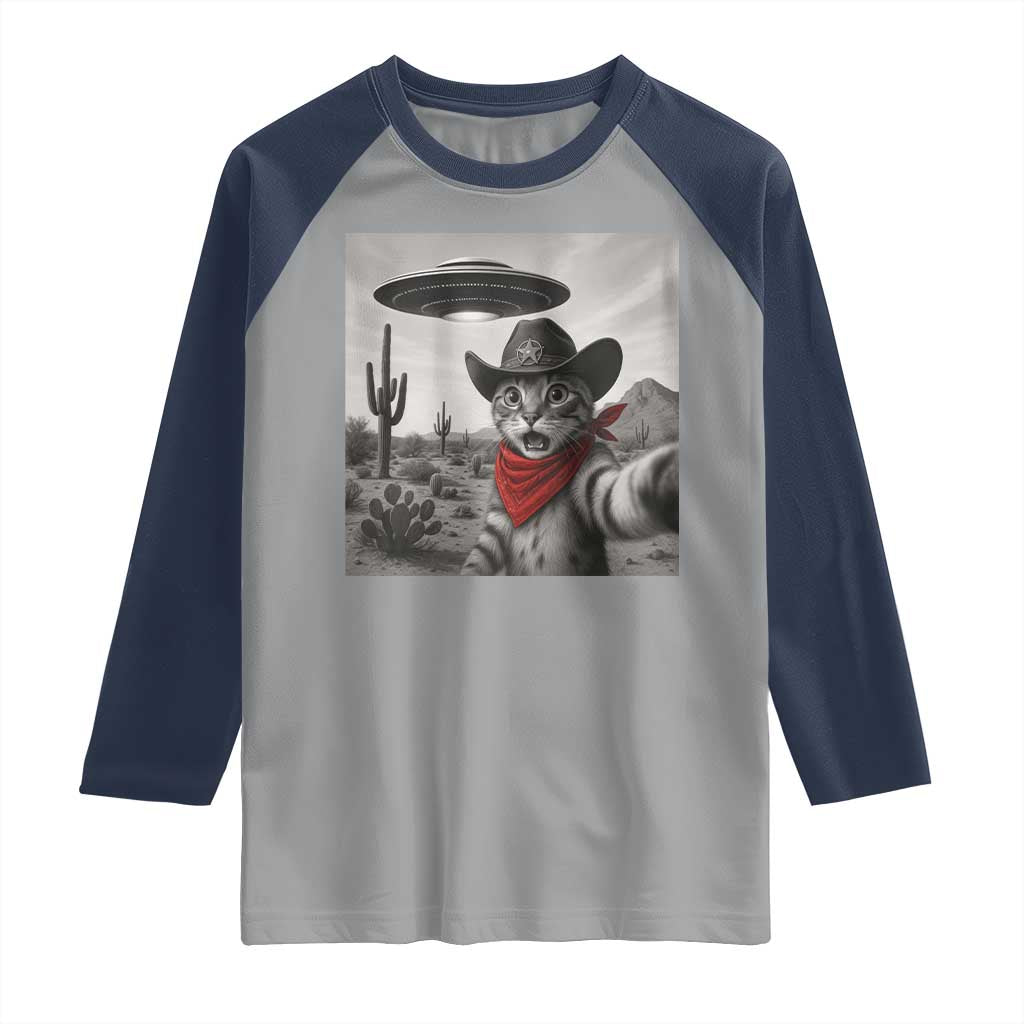 Vintage UFO Cowboy Cat Raglan Shirt Retro 90s Western Rodeo Kitten Cat Selfie With Alien UFO TS10 Sport Gray Navy Print Your Wear