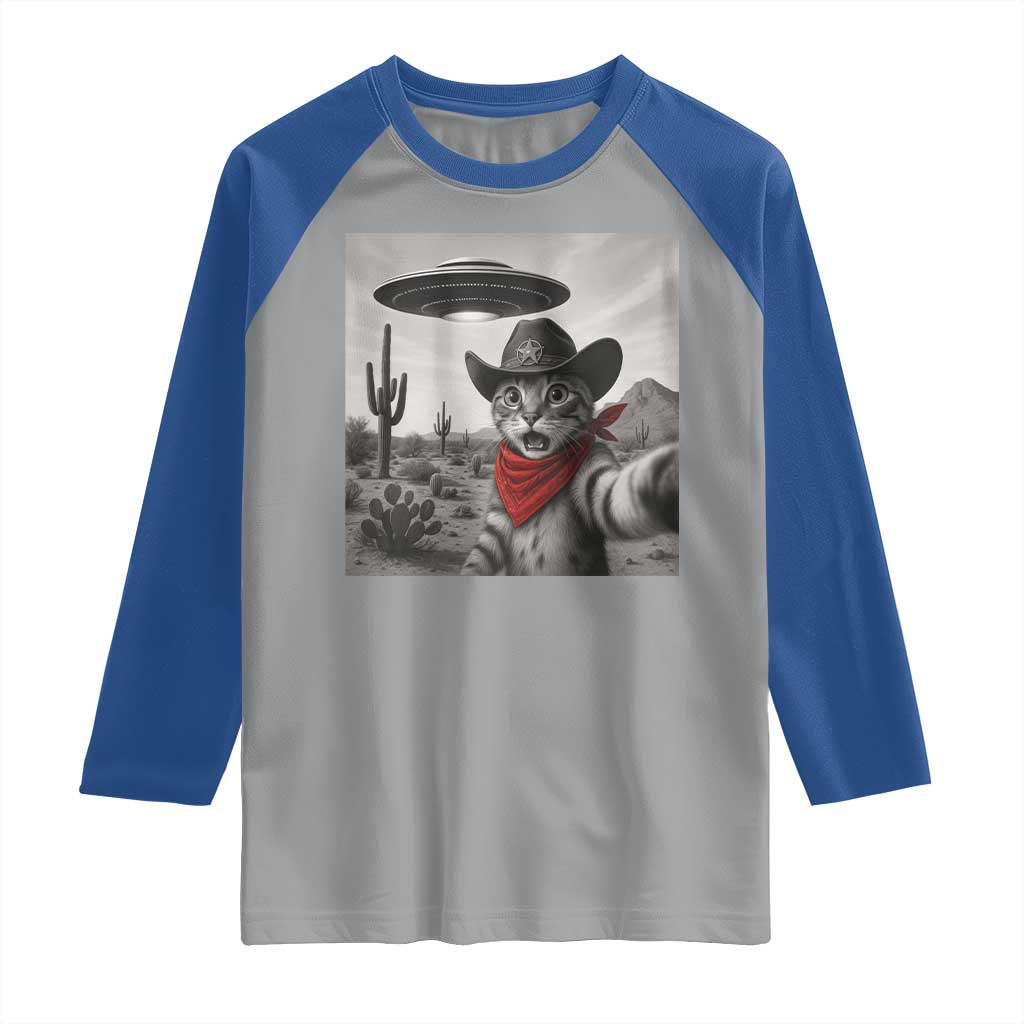 Vintage UFO Cowboy Cat Raglan Shirt Retro 90s Western Rodeo Kitten Cat Selfie With Alien UFO TS10 Sport Gray Royal Print Your Wear