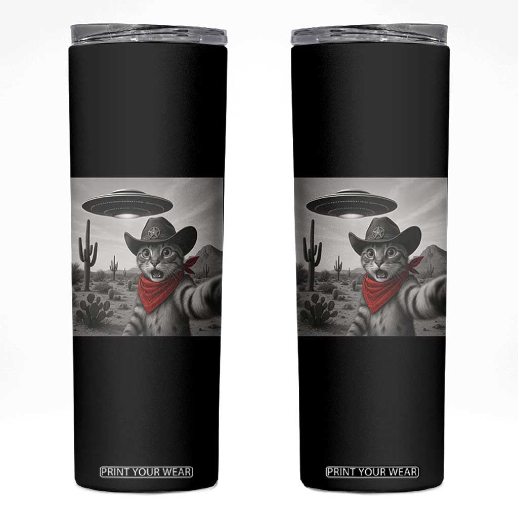 Vintage UFO Cowboy Cat Skinny Tumbler Retro 90s Western Rodeo Kitten Cat Selfie With Alien UFO TS10 Black Print Your Wear