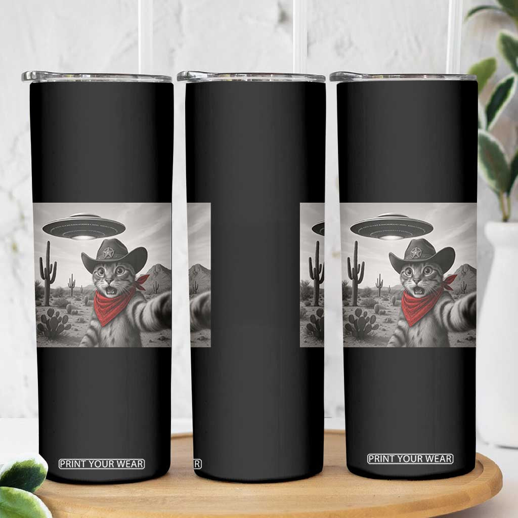 Vintage UFO Cowboy Cat Skinny Tumbler Retro 90s Western Rodeo Kitten Cat Selfie With Alien UFO TS10 Print Your Wear