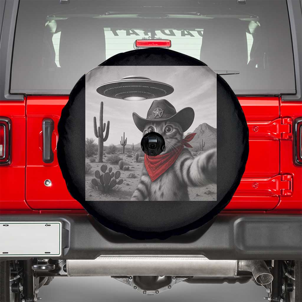 Vintage UFO Cowboy Cat Spare Tire Cover Retro 90s Western Rodeo Kitten Cat Selfie With Alien UFO TS10 Black Print Your Wear