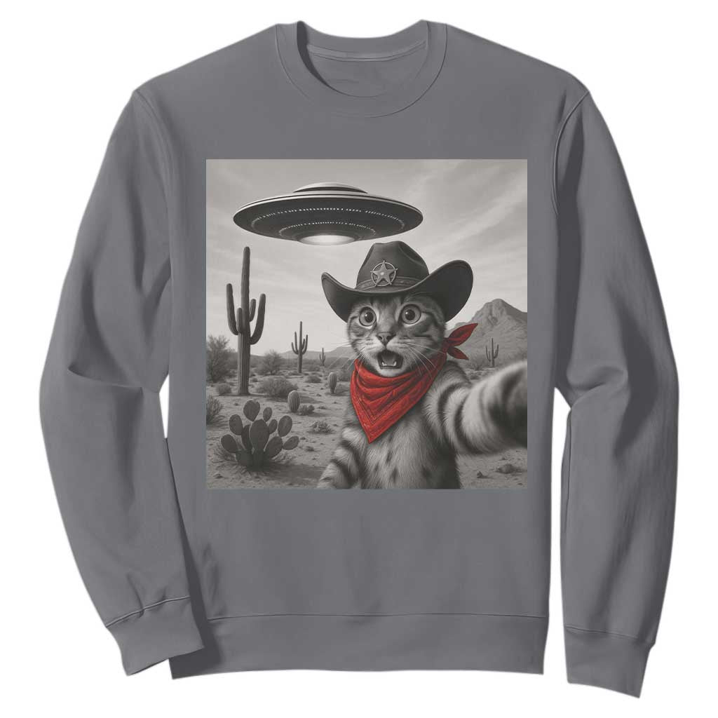 Vintage UFO Cowboy Cat Sweatshirt Retro 90s Western Rodeo Kitten Cat Selfie With Alien UFO TS10 Charcoal Print Your Wear